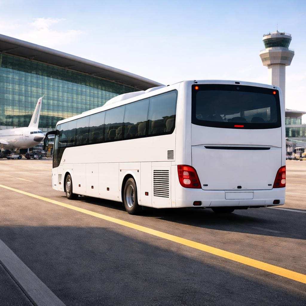 large group traveling in 50 seater coach bus