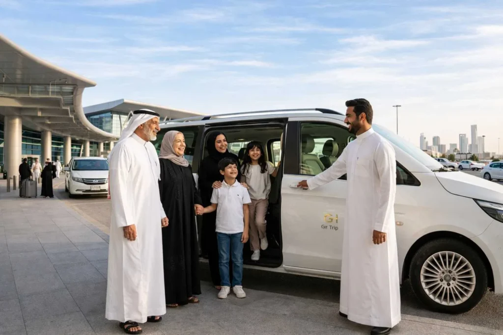 Professional chauffeur welcoming a family at the airport beside a luxury passenger van for private transfer service