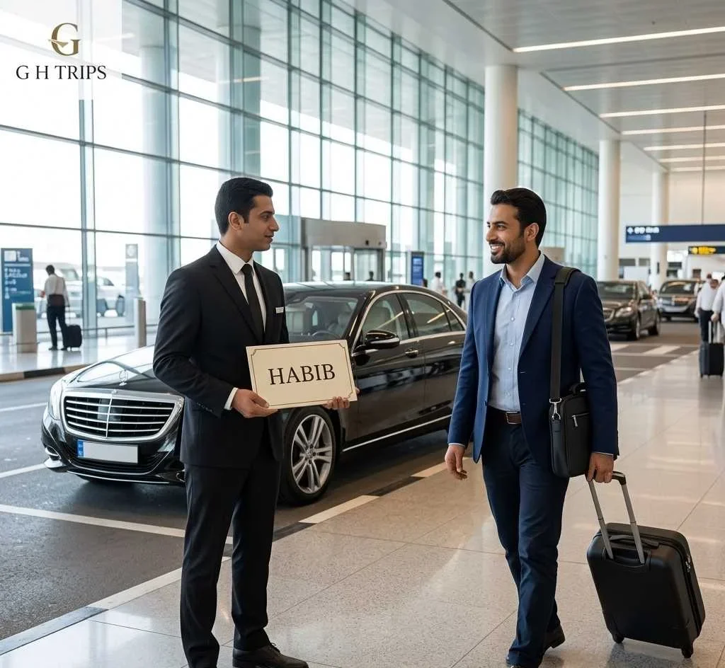 A high-resolution, square photograph of a professional uniformed chauffeur from ghtrips.com holding an elegant name board clearly displaying 'HABIB'. A smiling Middle Eastern businessman, Habib, is approaching him inside the modern terminal of King Fahd International Airport (KFIA) terminal, with a black Mercedes-Benz S-Class visible through the glass - ghtrips.com