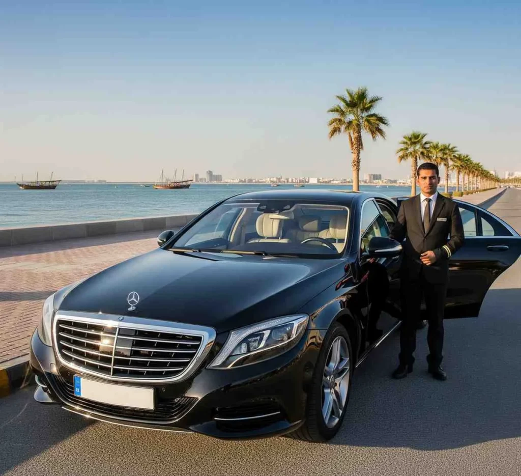 Black Mercedes S-Class vehicle and professional chauffeur on Al Khobar Corniche, Saudi Arabia - ghtrips.com