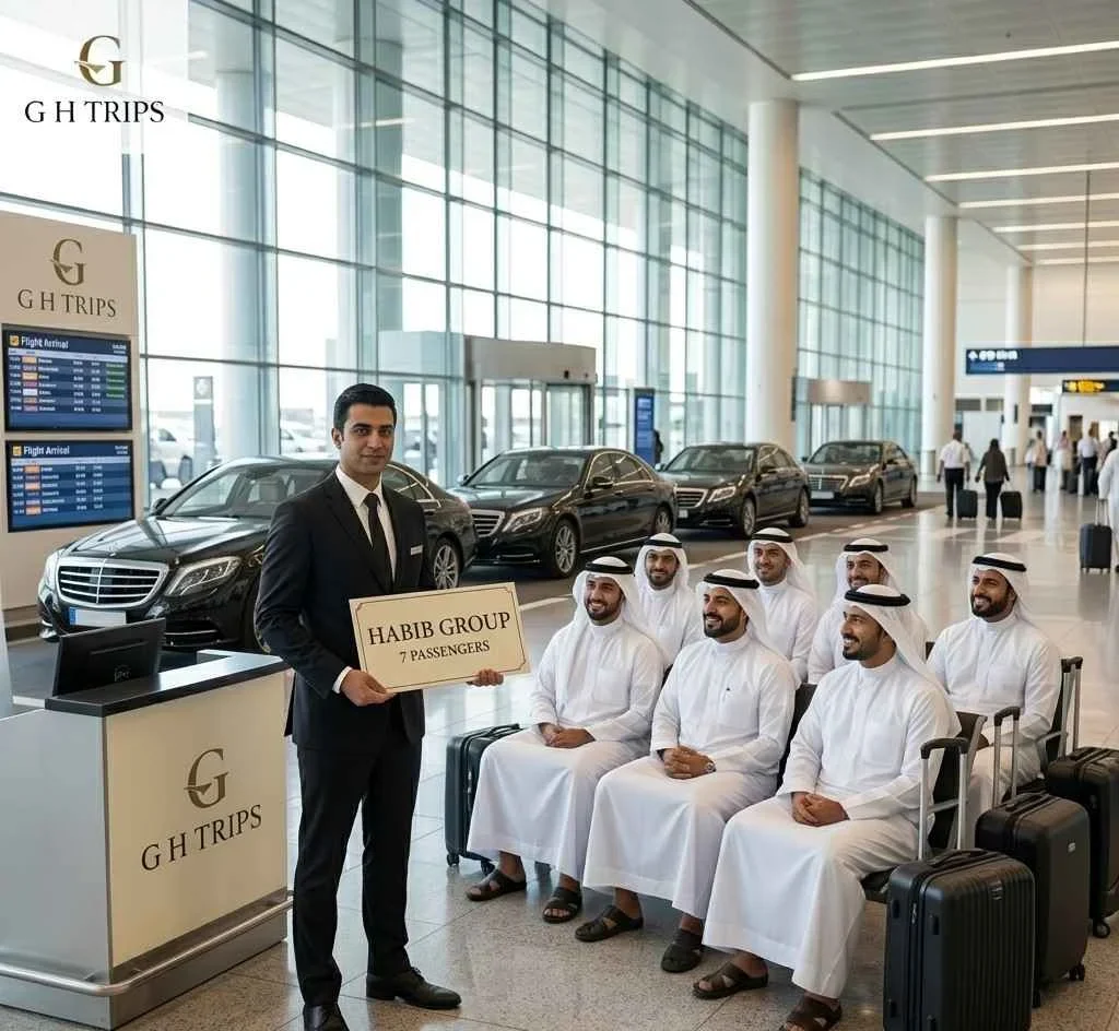 Luxury airport chauffeur service by G H TRIPS welcoming group of 7 passengers at airport arrival hall with premium vehicles in background