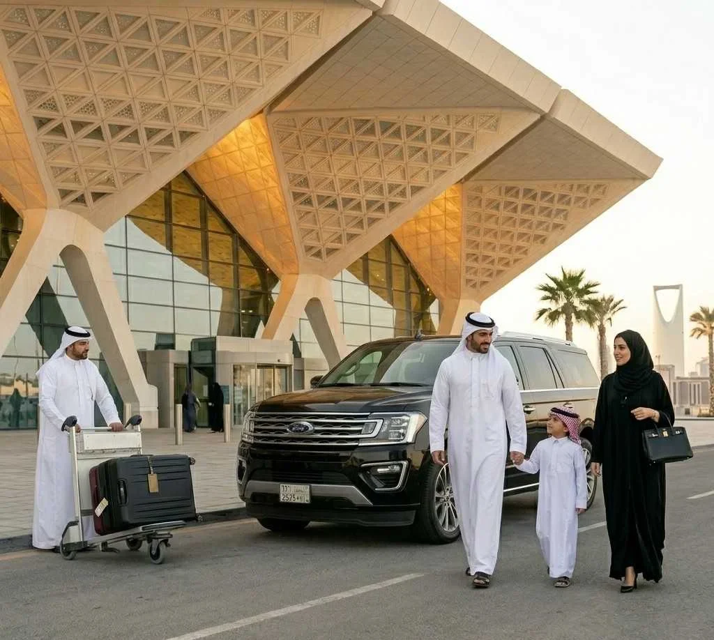 A Saudi family, with the father and son in white thobes and the mother in a black abaya, walking past a black Ford Expedition SUV at Riyadh Airport while a chauffeur handles their luggage.