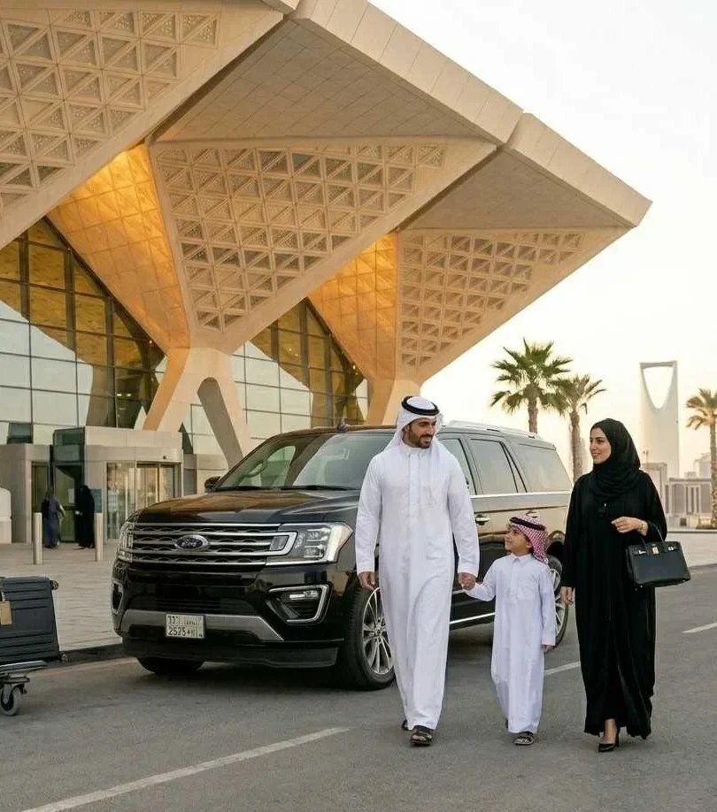 A Saudi family, with the father and son in white thobes and the mother in a black abaya, walking past a black Ford Expedition SUV at Riyadh Airport while a chauffeur handles their luggage.