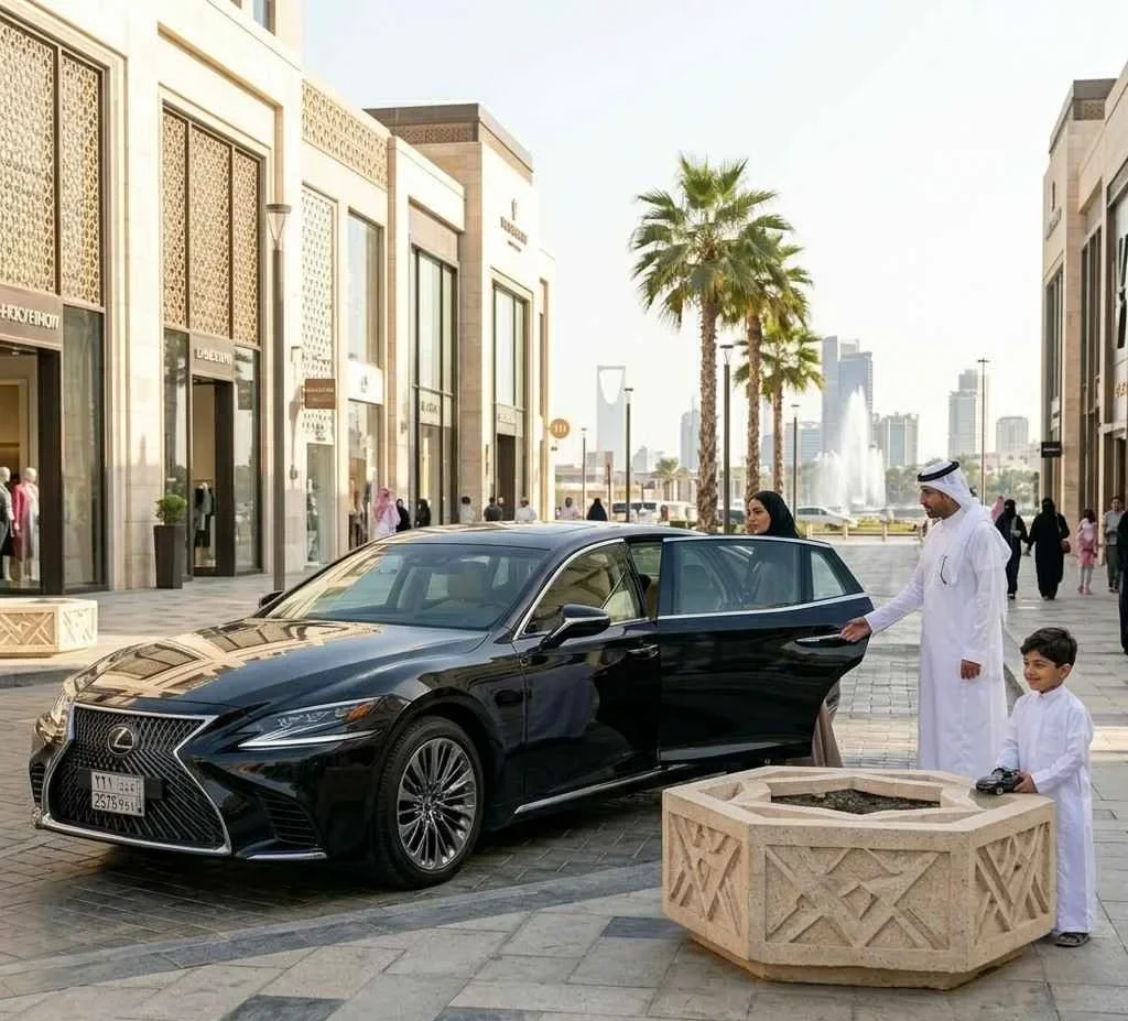 A black Lexus LS sedan parked in a high-end Riyadh shopping street; a chauffeur in a white thobe opens the door for a woman in an abaya while a young boy stands nearby.