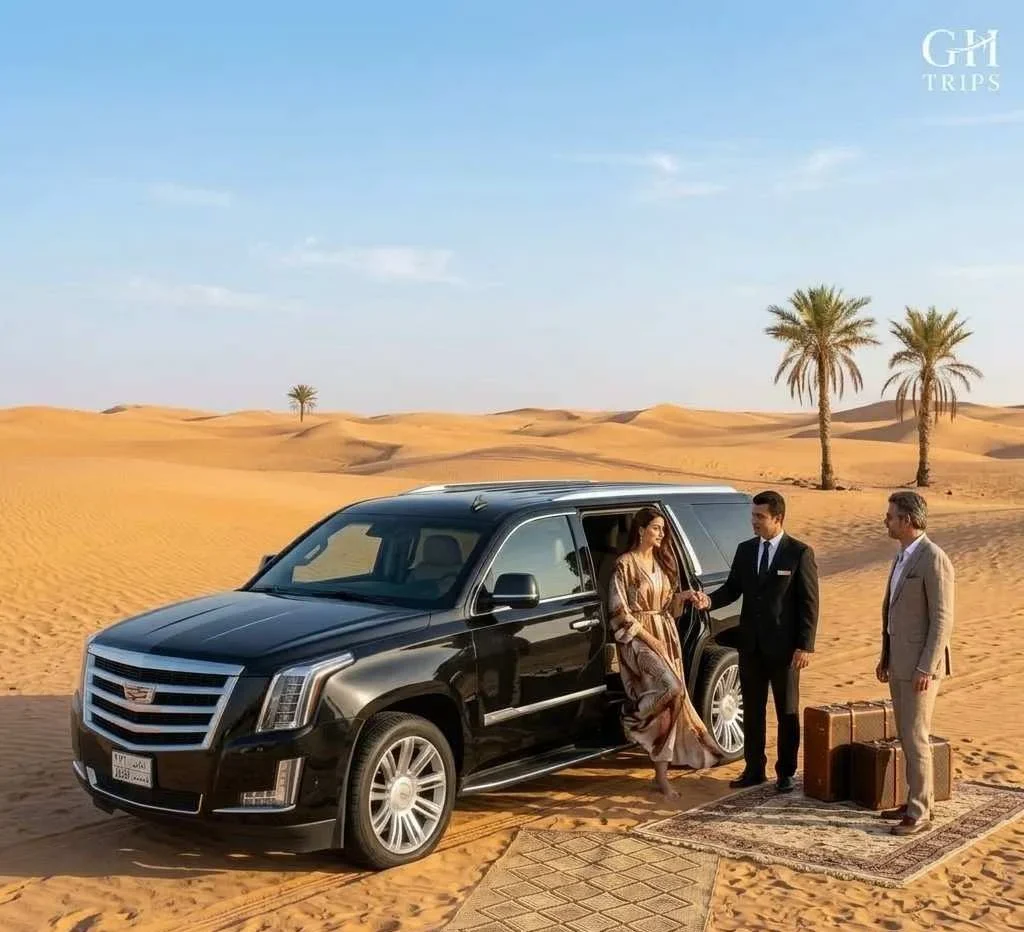A chauffeur in a black suit assists a passenger out of a black Cadillac Escalade onto a carpeted path in the middle of golden Saudi Arabian sand dunes.