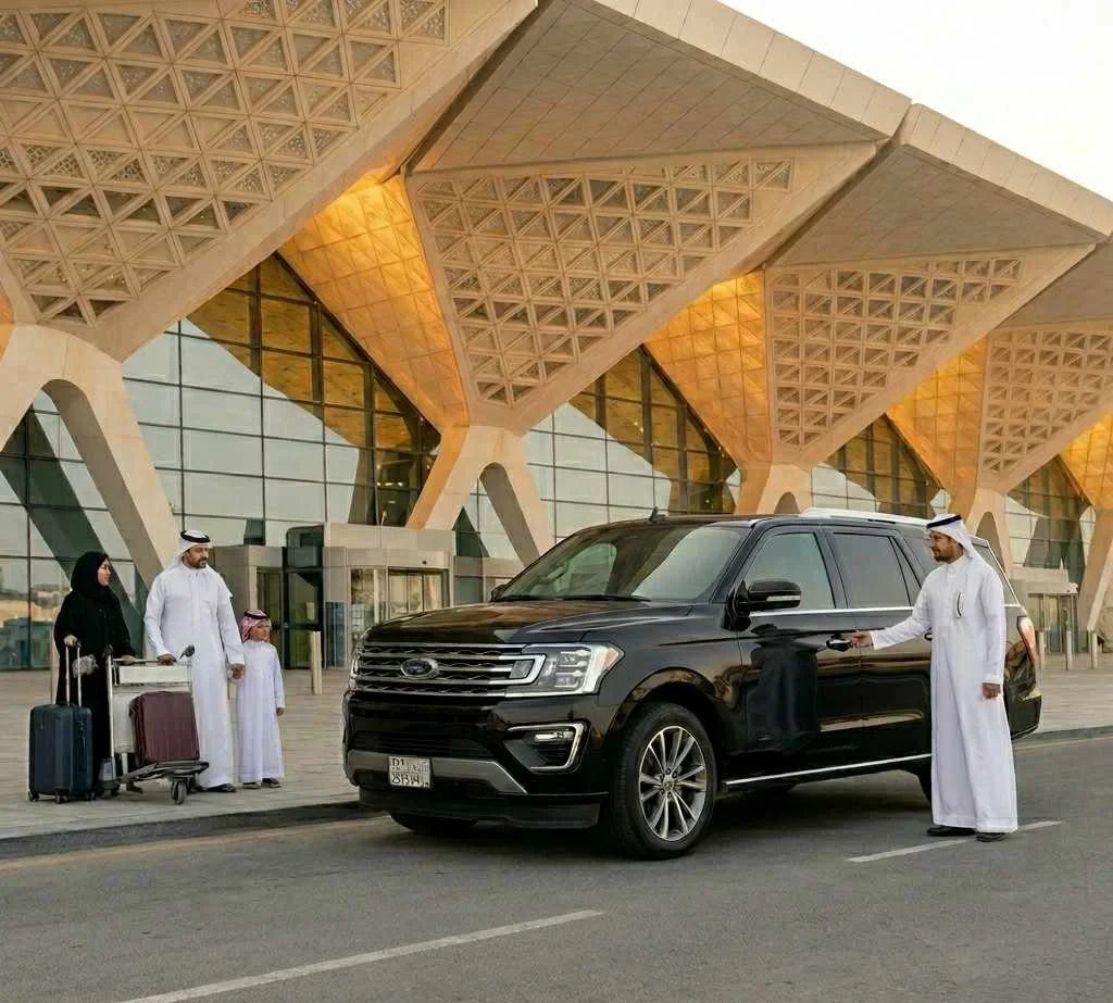 A polite Saudi Arabian chauffeur in a traditional thobe welcomes a family arriving at the geometric King Khalid International Airport (RUH) in a sleek, black Ford Expedition MAX SUV at sunset.