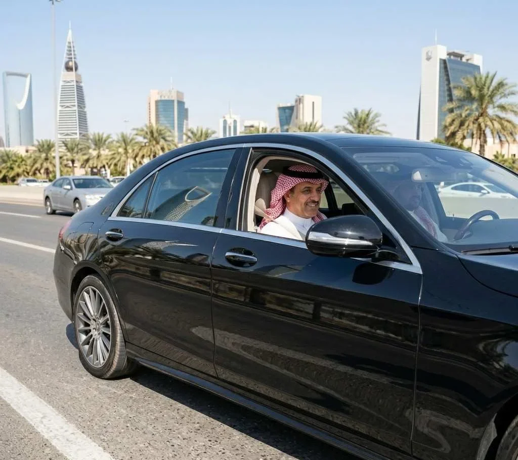 A man in traditional Saudi attire drives a black Mercedes-Benz S-Class sedan on a multi-lane highway in Riyadh, with the city’s skyline including the Faisaliah Tower visible in the background.