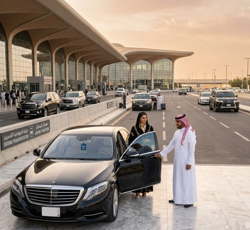 VIP client provided with luxury sedan transfer at Jeddah airport terminal, modern architecture backdrop