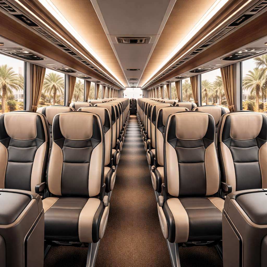Luxury coach bus interior with AC system