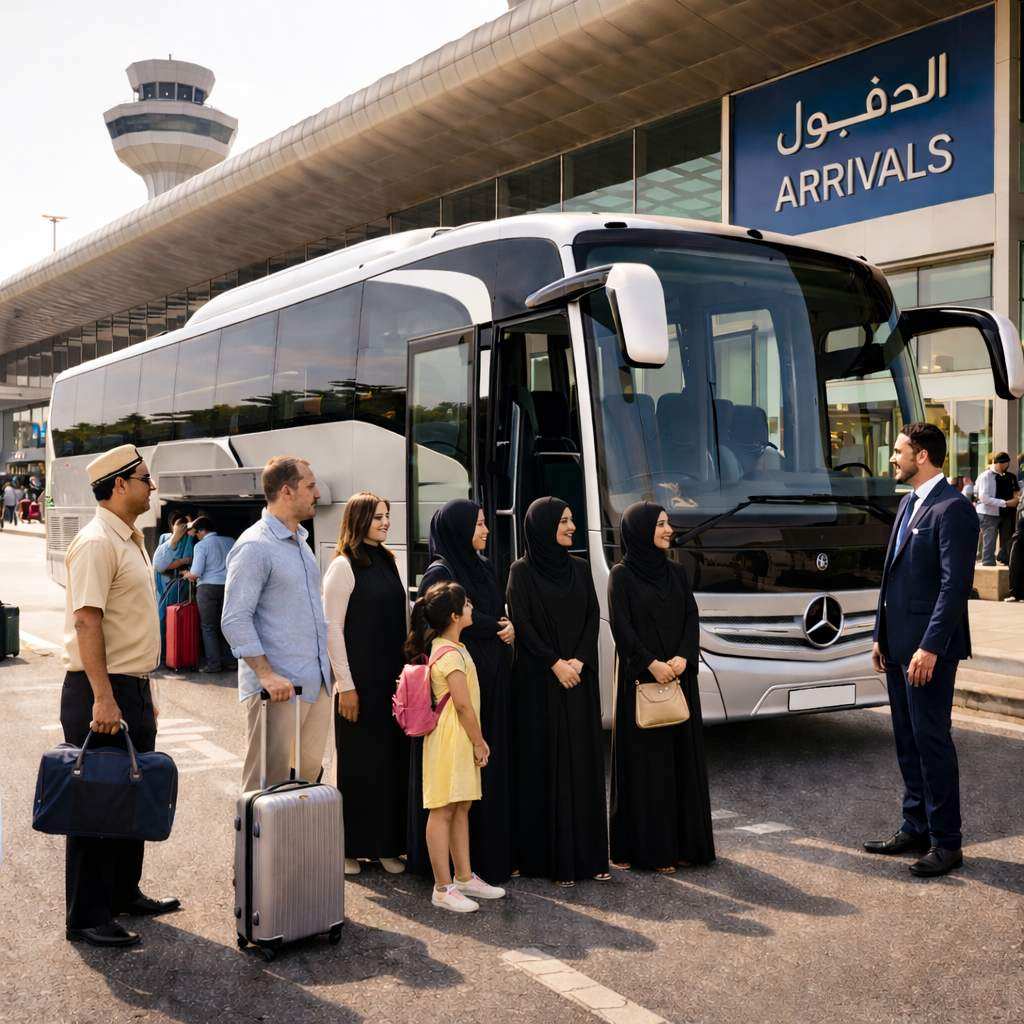 Luxury coach bus driving on Saudi highway