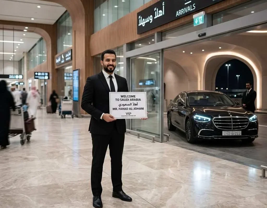 A professional chauffeur in a black suit holding a 'Welcome to Saudi Arabia' sign at King Khalid International Airport with a black luxury Mercedes-Benz parked in the background.