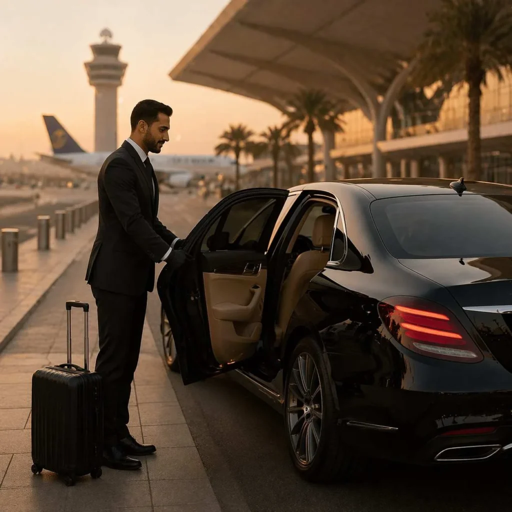 Professional chauffeur in black suit opening car door for airport pickup with luxury sedan in Saudi Arabia, number plate hidden