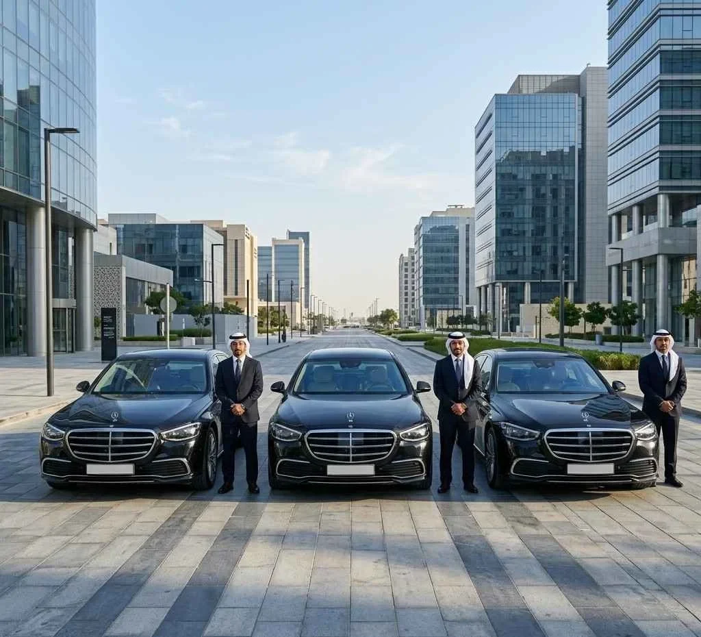 Luxury chauffeur service fleet with professional drivers and executive cars in Saudi Arabia business district
