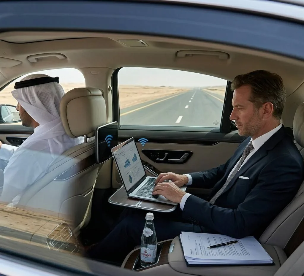 Business executive working on laptop in luxury chauffeur-driven car in Saudi Arabia