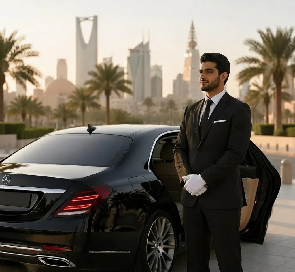 Professional chauffeur in a black suit standing beside a luxury black sedan in a modern Saudi Arabia city setting with palm trees and skyline in the background, warm daylight scene, no visible license plate or signage.