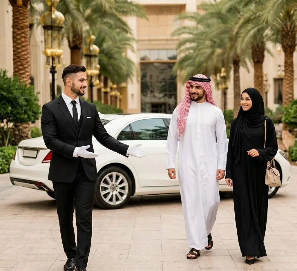 Professional chauffeur welcoming an Arab couple walking towards a premium vehicle for a cross-border trip from Dubai to Saudi Arabia, with a luxury hotel and palm trees in the background.