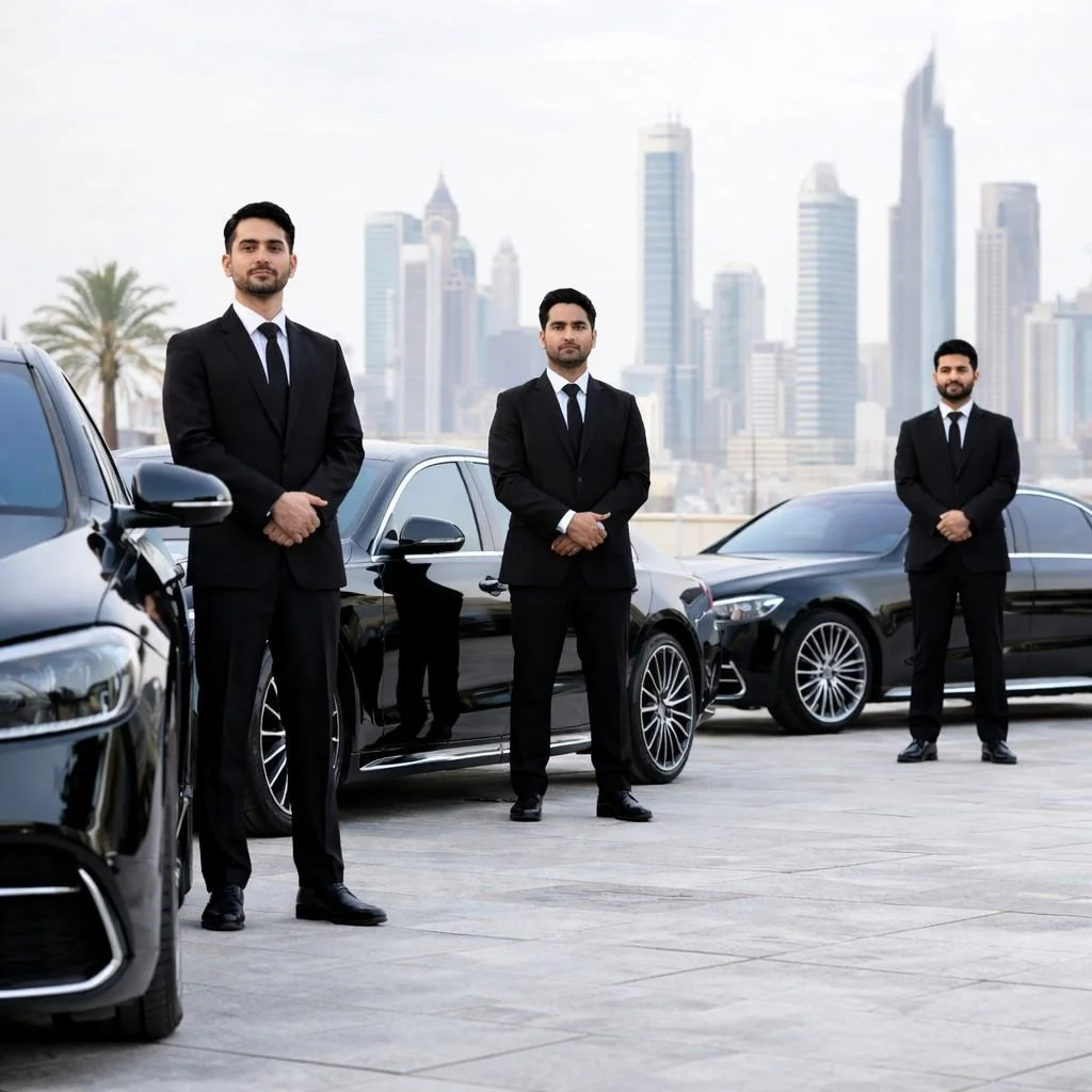 Three professional chauffeurs in black suits standing beside luxury black sedans in a modern city setting, with a clean skyline background and no visible signage or distractions.