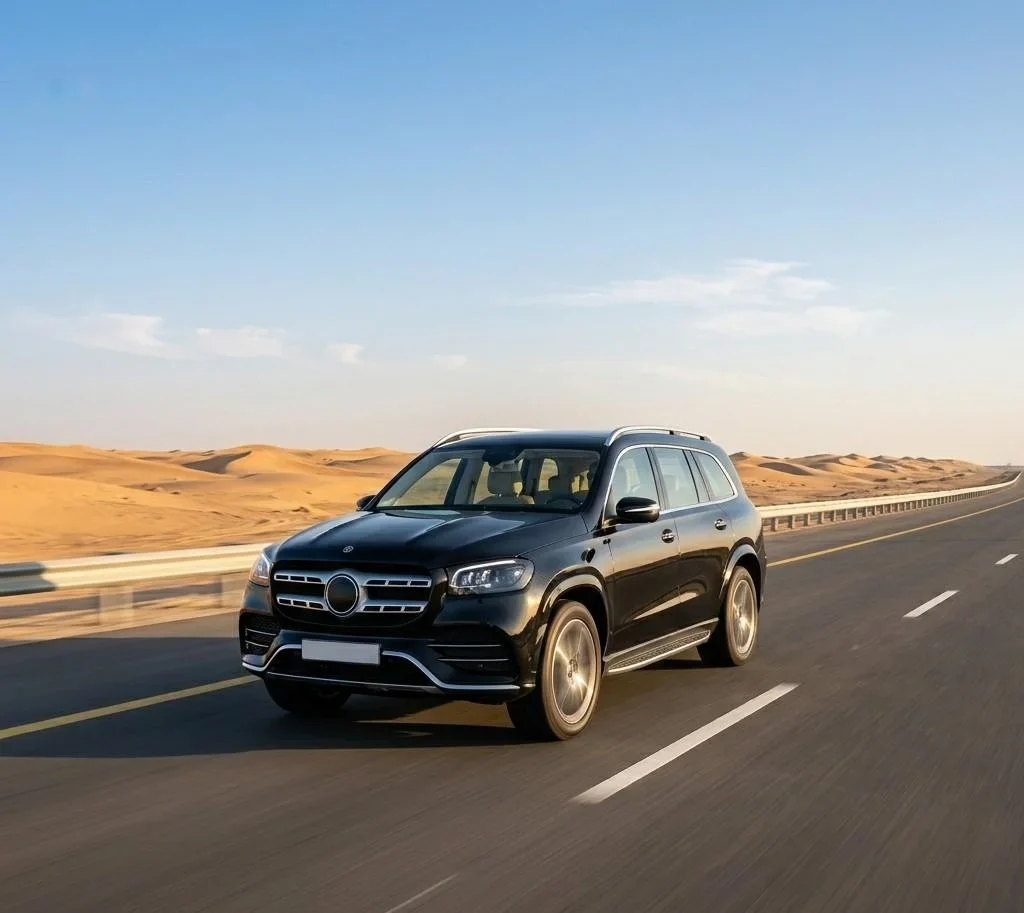 a black luxury SUV driving on a desert highway.