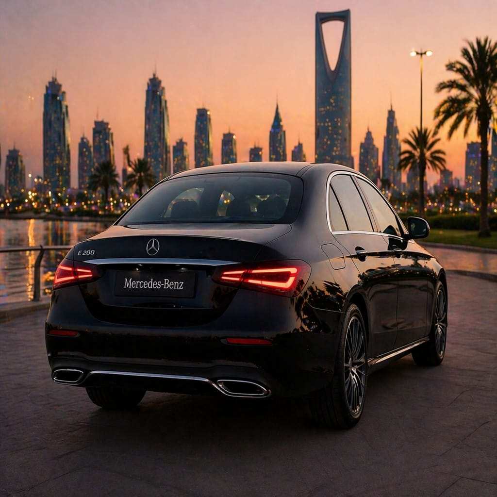 Rear view of Mercedes Benz E Class showing refined design, ideal for chauffeur-driven rental services.