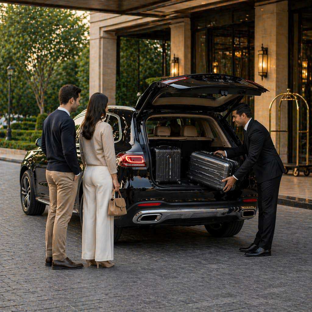 passenger entering Mercedes Benz GLS chauffeur luxury SUV