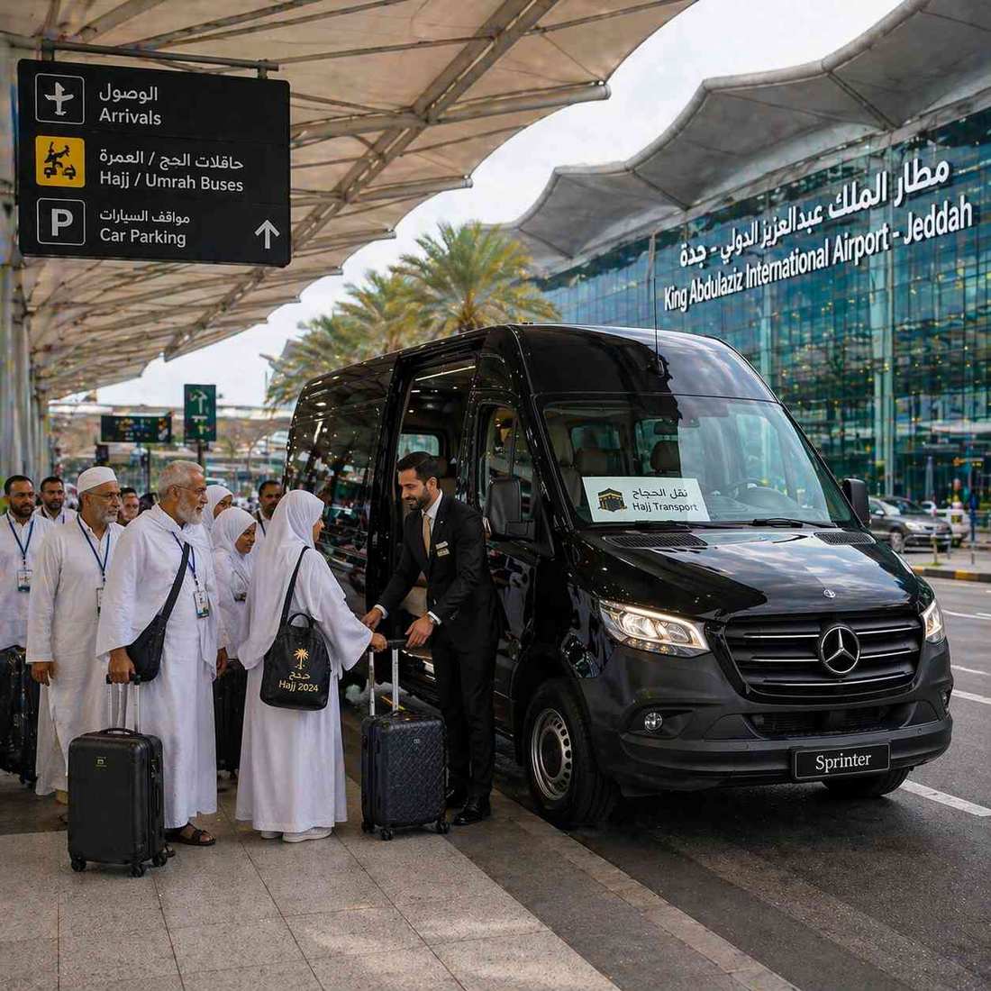 passengers entering Mercedes Benz Sprinter Van group travel Riyadh