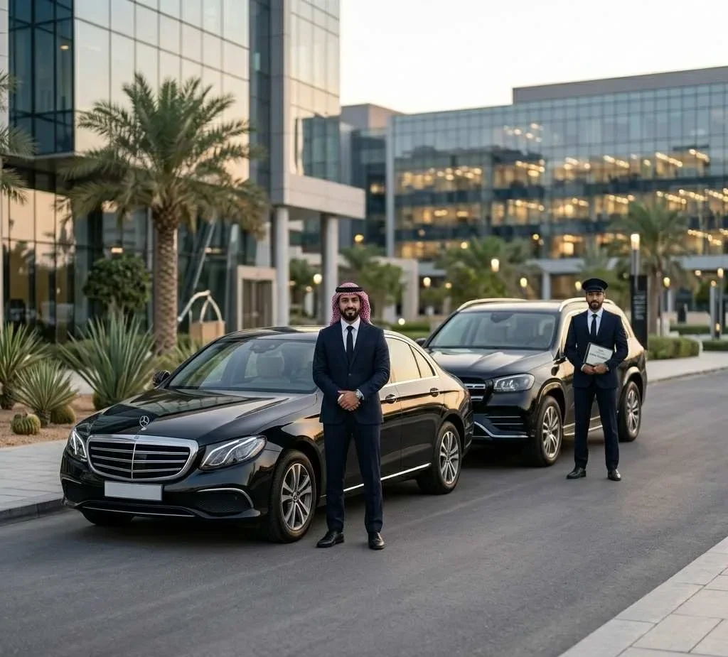 a black luxury sedan and SUV fleet at golden hour with two Saudi chauffeurs.