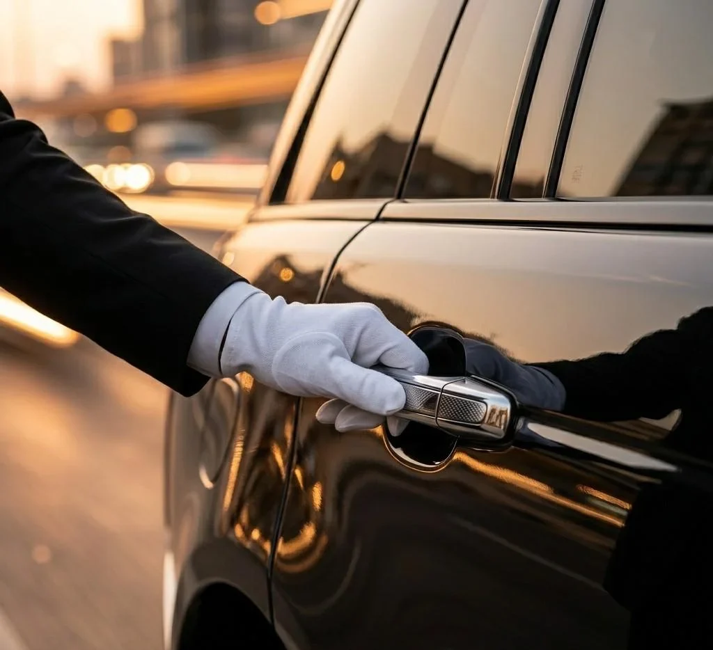 a close-up of a white gloved hand opening a luxury black car door.