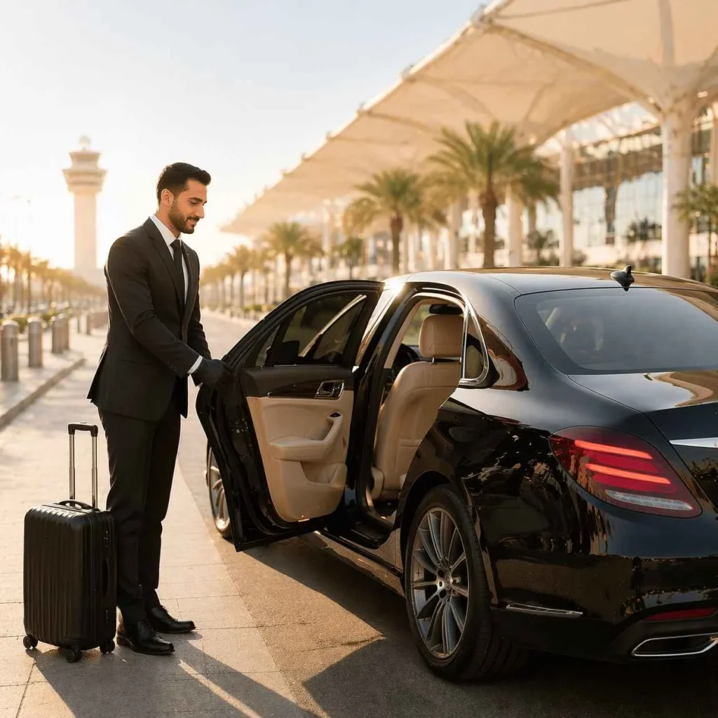 Professional chauffeur in suit opening luxury car door at airport with luggage, Saudi Arabia setting, number plate hidden
