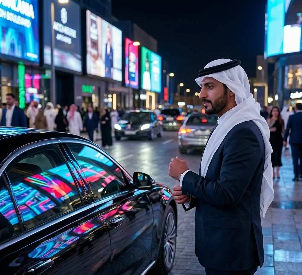 Well-dressed Middle Eastern man in traditional attire standing beside a luxury black car on a vibrant city street at night, surrounded by bright digital billboards and traffic.