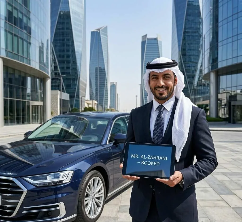A professional Saudi chauffeur in a suit and white ghutra holds a tablet clearly displaying "AIRPORT TRANSFER – MR. SMITH," standing just outside the modern, arched entrance of Terminal 5 at King Khalid International Airport in Riyadh. Travelers with luggage and yellow cabs are visible but blurred in the busy background under bright daylight.