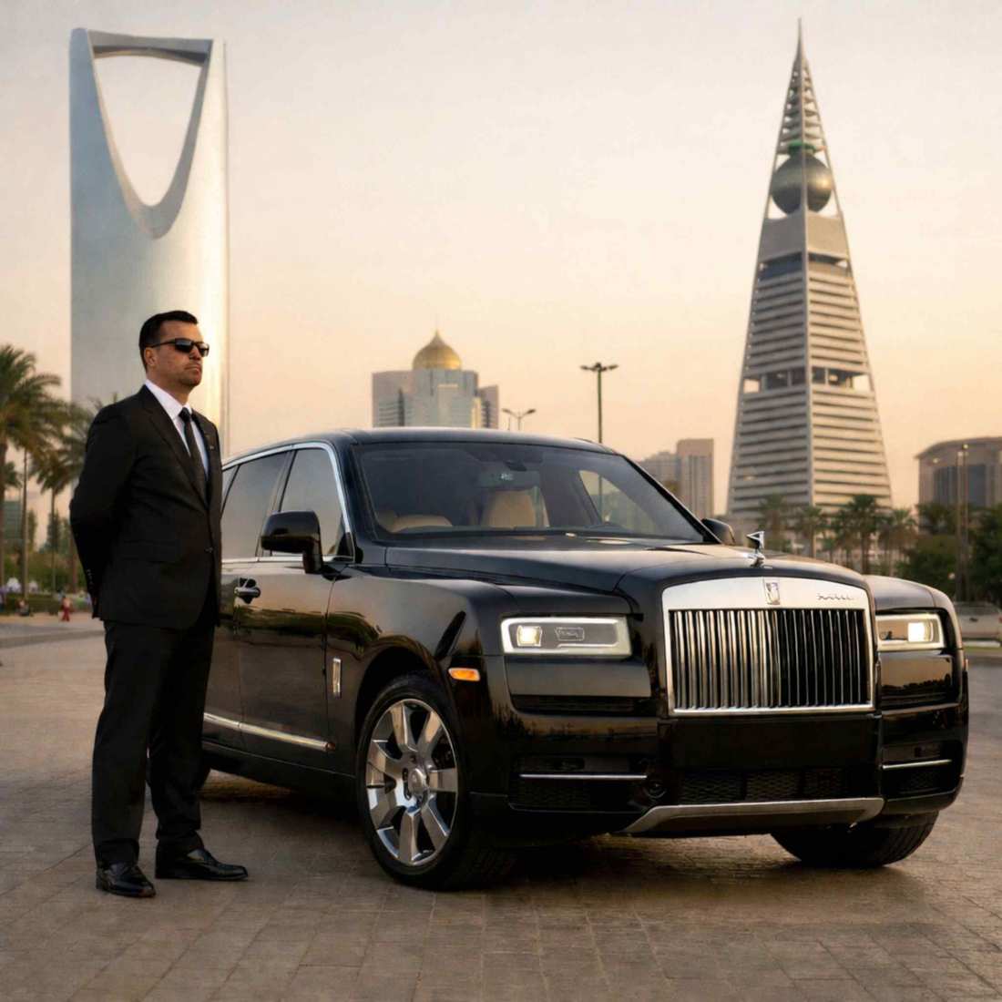 Rolls Royce Cullinan black luxury SUV parked in Saudi Arabia city street