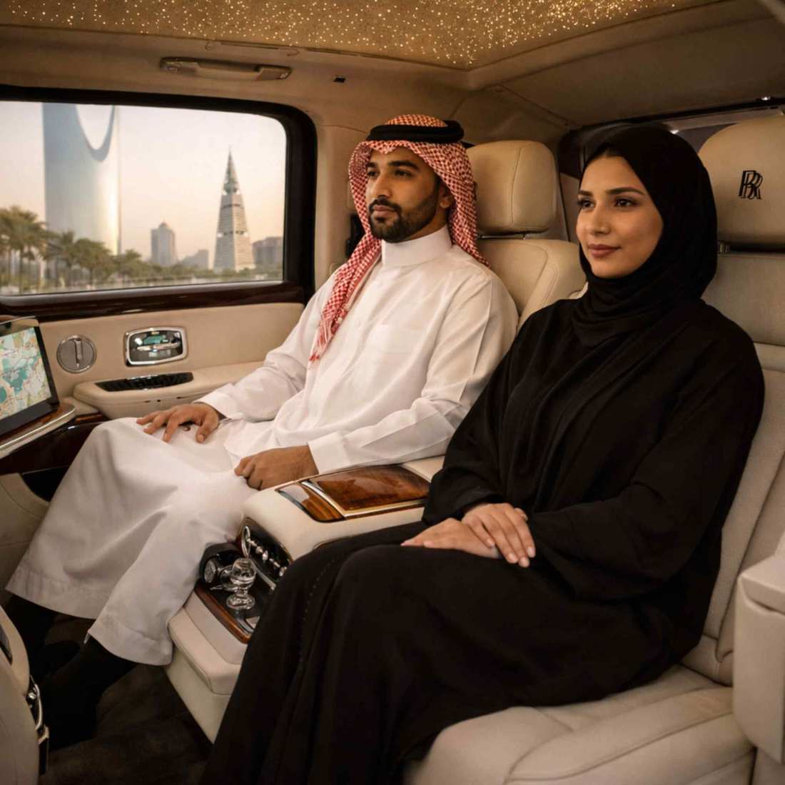 Chauffeur driving Rolls Royce Cullinan SUV in Saudi Arabia highway