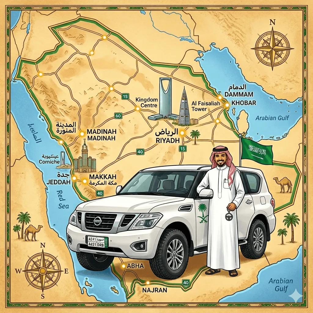 Saudi Arabia Map where Stand Driver with Car