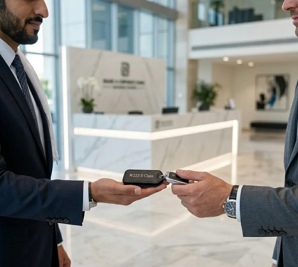 Profile of Saudi chauffeur in suit and ghutra adjusting his cufflink while waiting next to a black Mercedes S-Class. The car's deep black paint reflects a kaleidoscope of vibrant neon blues, pinks, and greens from digital billboards and upscale nightlife on Riyadh Boulevard at night. The atmosphere is premium and kinetic.
