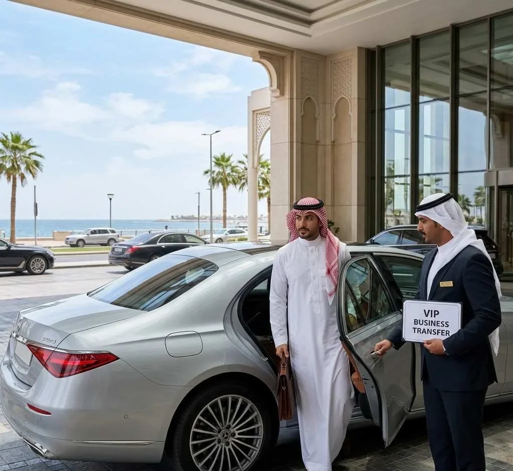 Business traveler in traditional Middle Eastern attire stepping out of a luxury sedan while a chauffeur holds a VIP business transfer sign outside a modern hotel by the seaside.
