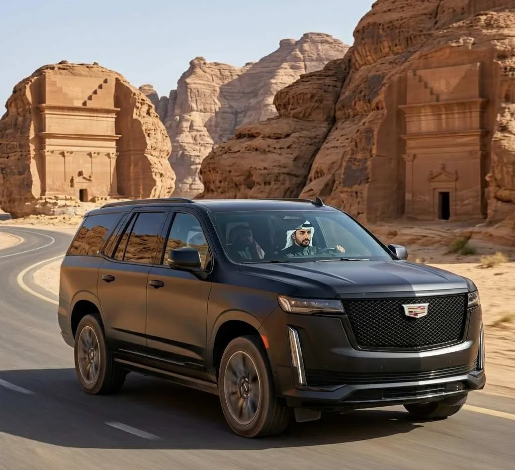 Luxury black SUV driving through a desert landscape with ancient rock-cut monuments, carrying passengers in traditional Middle Eastern attire.