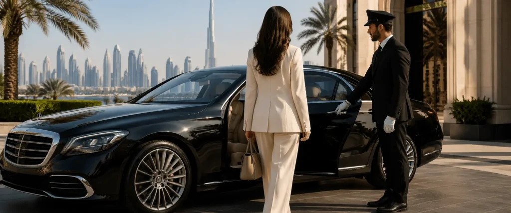 Professional chauffeur opening door of luxury Mercedes for client car with driver in Dubai