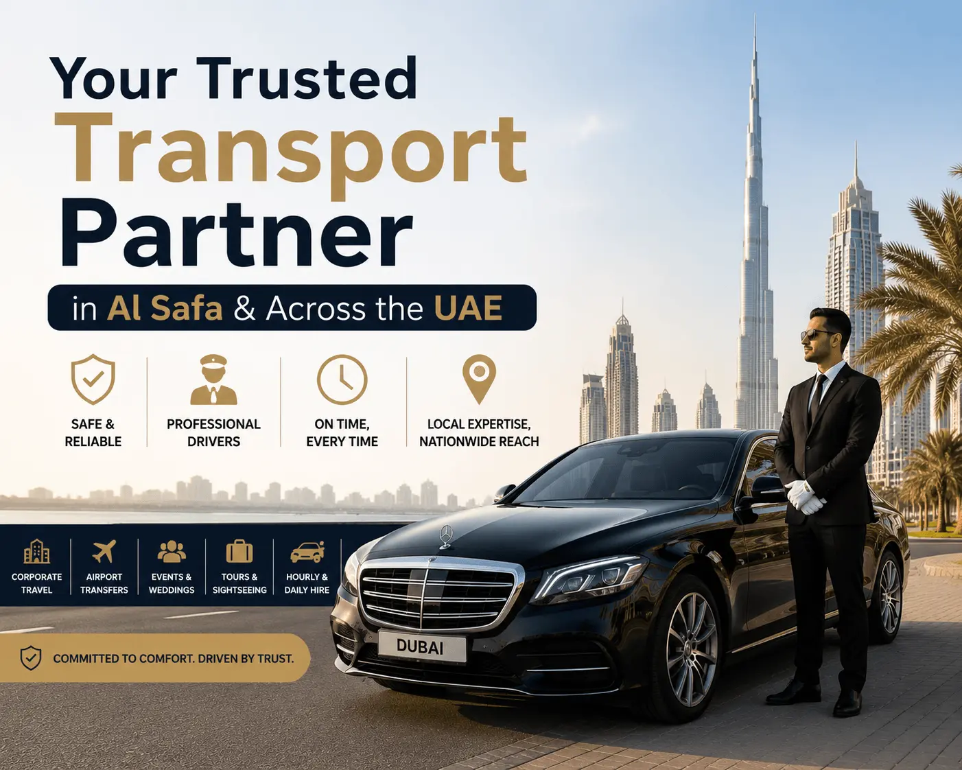 GH Trips corporate airport transfer vehicle at Dubai International Airport